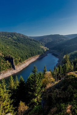Thüringen Ormanı 'ndaki dar su barajının etrafında sonbahar yürüyüşü - Tambach-Dietharz / Almanya