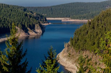 Thüringen Ormanı 'ndaki dar su barajının etrafında sonbahar yürüyüşü - Tambach-Dietharz / Almanya