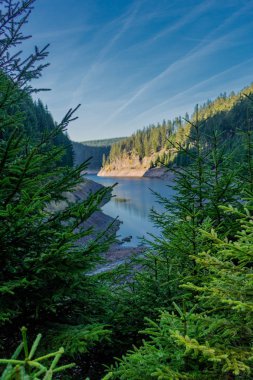 Thüringen Ormanı 'ndaki dar su barajının etrafında sonbahar yürüyüşü - Tambach-Dietharz / Almanya