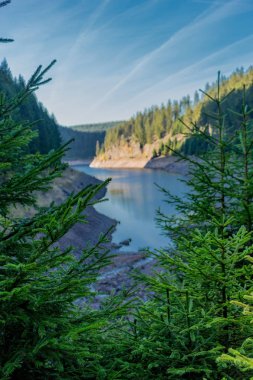Thüringen Ormanı 'ndaki dar su barajının etrafında sonbahar yürüyüşü - Tambach-Dietharz / Almanya