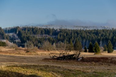 Rennsteig - Thüringen / Almanya 'da Eberstwiese etrafında güneşli bir kış günü kış yürüyüşü