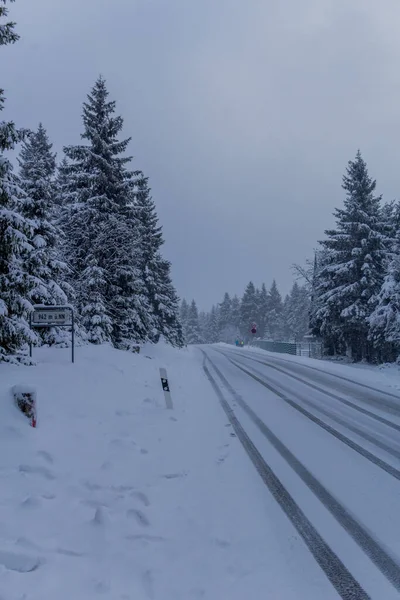 Primera Pequeña Caminata Invierno Largo Del Rennsteig Través Del Bosque — Foto de Stock