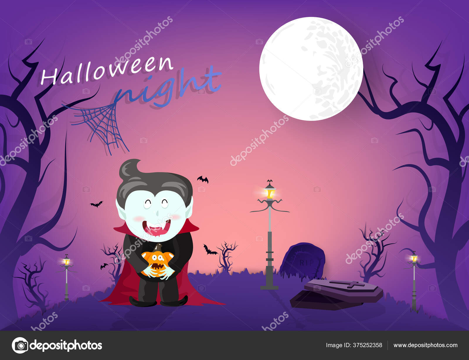 Personagem de desenho animado vampiro com fundo de halloween