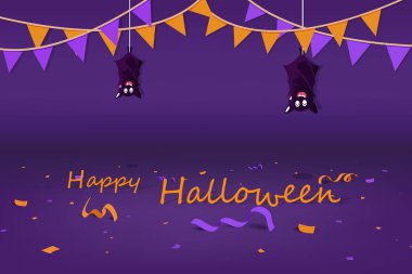 Cadılar Bayramı partisi, yerde konfeti ve kurdele, yarasa asma çizgi film karakterleri, mevsimlik tatil arka planı