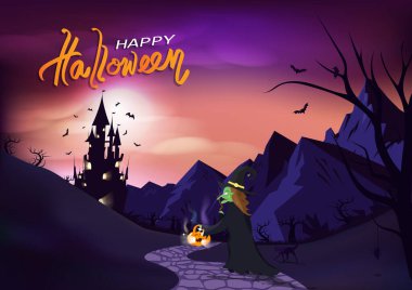Cadılar Bayramın kutlu olsun, poster davetiyesi, cadı ve kedi kaleye yürüyor, fantezi konsepti korku hikayesi pembe pastel arka plan çizimi