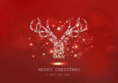 Mutlu Noeller, ren geyiği çokgeni, altın parıldayan parçacıklar dağılın, poster, kırmızı kış soyut arka plan mevsimsel tatil vektörü çizimi