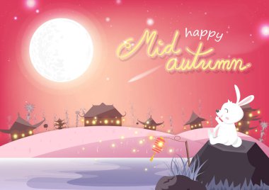 Sonbaharın ortasında, pembe pastel, şirin tavşan çizgi filmi kayanın üzerinde dolunay ile oturur, davetiye kartı mutlu festival kültür arka plan çizimi