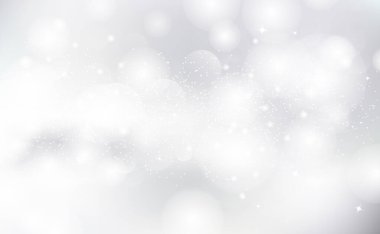 Beyaz arkaplan, parıldayan gümüş yıldızlar, Bokeh soyut bulanık vektör