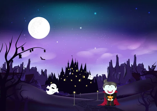 Halloween Kartka Życzeniami Zaproszenie Strony Dracula Gospodarstwa Dyni Upiorny Magia — Wektor stockowy