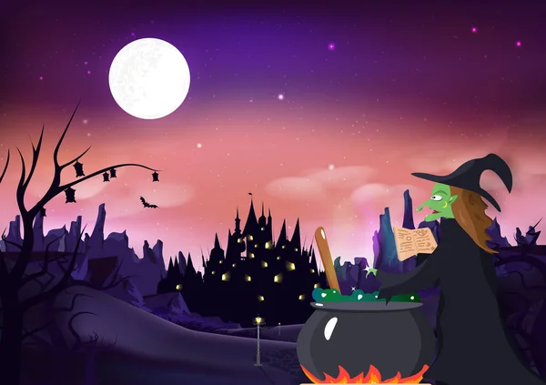 Halloween Wenskaart Heks Koken Magische Fantasie Wonder Silhouet Nacht Scène — Stockvector