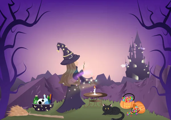 Noche Halloween Magia Bruja Bosque Oscuro Paisaje Montaña Personaje Dibujos — Archivo Imágenes Vectoriales