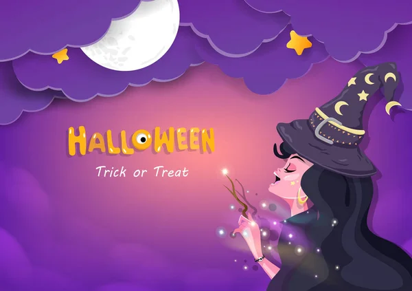 Feliz Halloween Bruja Está Montando Cielo Nublado Lindo Saludo — Archivo Imágenes Vectoriales