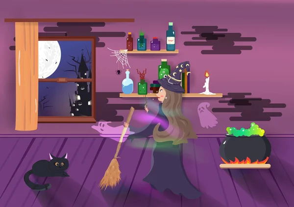 Halloween Fantasia Mágica Bruxa Com Espírito Fantasma Personagens Desenhos Animados —  Vetores de Stock