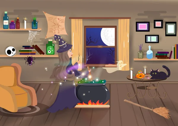 Halloween Bruja Usando Magia Para Cocinar Casa Madera Dibujos Animados — Archivo Imágenes Vectoriales