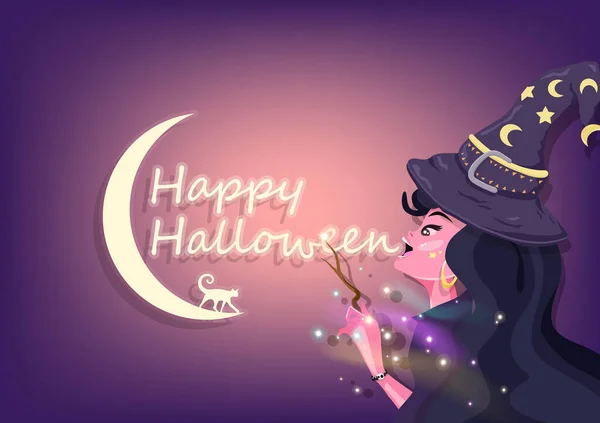 Feliz Tarjeta Felicitación Halloween Hermosa Bruja Está Lanzando Magia Concepto — Archivo Imágenes Vectoriales