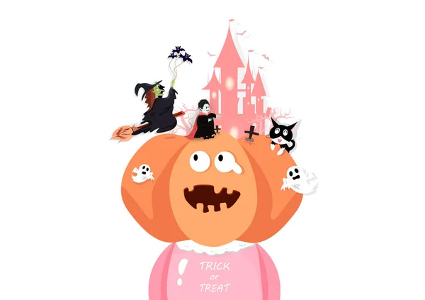 Feliz Halloween Cartão Saudação Truque Deleite Personagem Desenho Animado Bonito —  Vetores de Stock