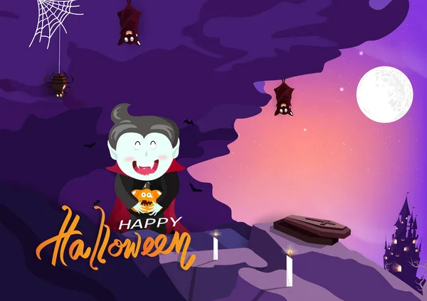 Happy Halloween Dracula Met Pompoen Een Grot Mysterie Fantasie Wenskaart — Stockvector