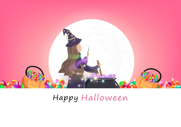 Feliz Halloween Invitaciones Fiesta Felicitación Bruja Magia Con Luna Llena — Archivo Imágenes Vectoriales