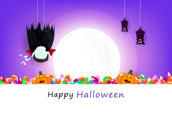 Happy Halloween Greeting Card Dracula Bat Hanging Full Moon Cute — Stock Vector