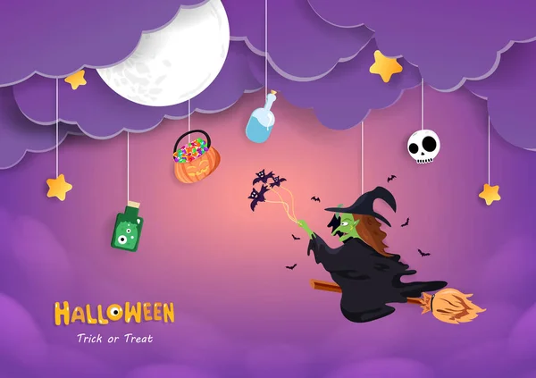Feliz Halloween Bruxa Está Montando Céu Nublado Cartão Bonito Corte —  Vetores de Stock