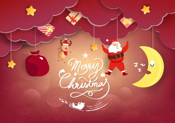 圣诞快乐和新年快乐 圣诞老人和驯鹿卡通人物 剪纸风格挂的概念 礼物装饰庆祝节日矢量插图 — 图库矢量图片