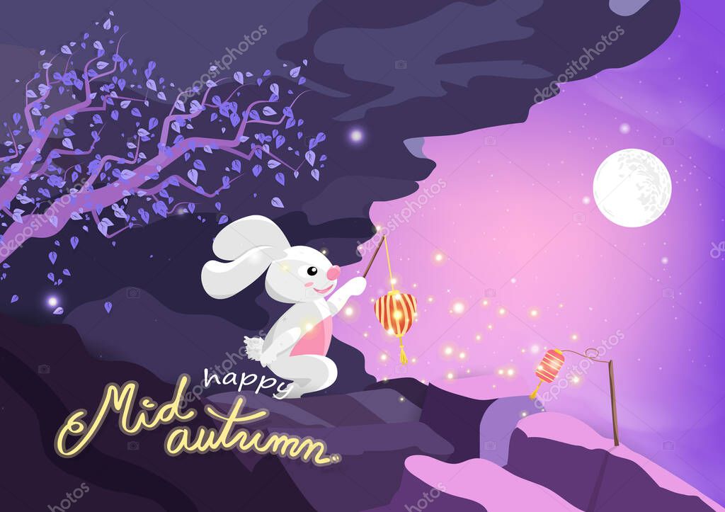 Happy Mid Autumn Cute Rabbit Cartoon And Sakura Tree With Full Moon On Mountains Fantasy Purple Pastel Invitation Poster Greeting Card Background Vector Premium Vector In Adobe Illustrator Ai Ai