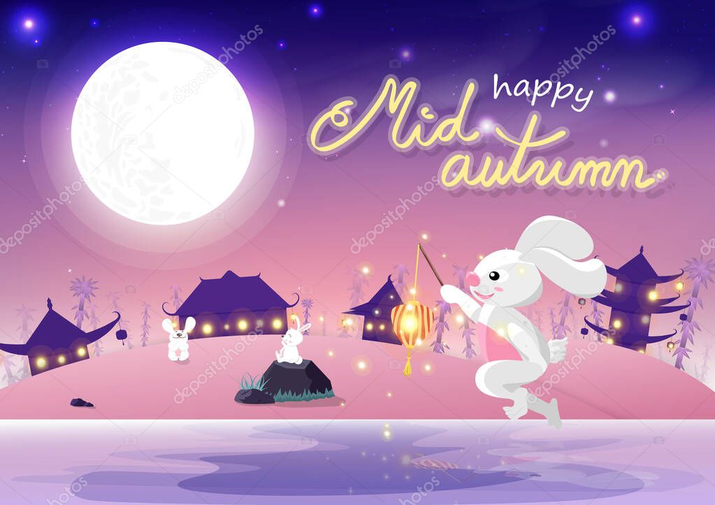 Mid Autumn Cute Bunny Cartoon With Full Moon Invitation Poster Card Happy Festival Celebration Background Vector Illustration Premium Vector In Adobe Illustrator Ai Ai Format Encapsulated Postscript Eps Eps Format