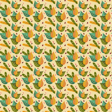 Düz, pürüzsüz desen. Parmak izi, kağıt, mutfak tasarımı, kumaş, kafe dekoru, ambalaj, arkaplan, menü ve reklamlar için yeşil arkaplan dokusu üzerinde taze yeşil yaprak. Vektör illüstrasyonu