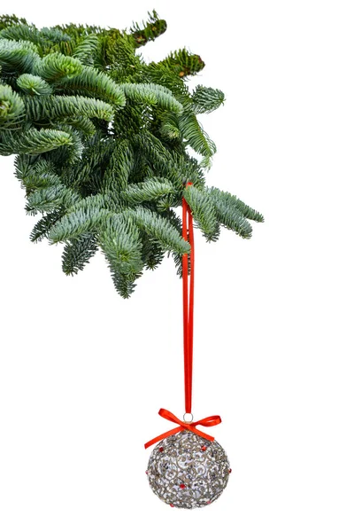 Tannenzweige und Weihnachtsschmuck isoliert auf weißem Hintergrund — Stockfoto