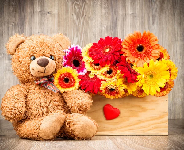 Flores y un osito de peluche sobre fondo de madera — Foto de Stock