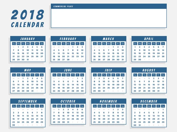 Año 2018 calendario en azul diseño simple — Vector de stock