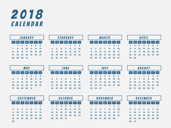 Año 2018 diseño del esquema del calendario — Archivo Imágenes Vectoriales