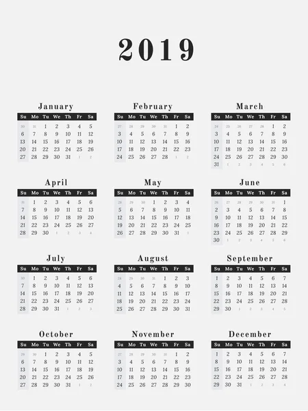 Ημερολόγιο έτους 2019 κάθετος σχεδιασμός — Διανυσματικό Αρχείο