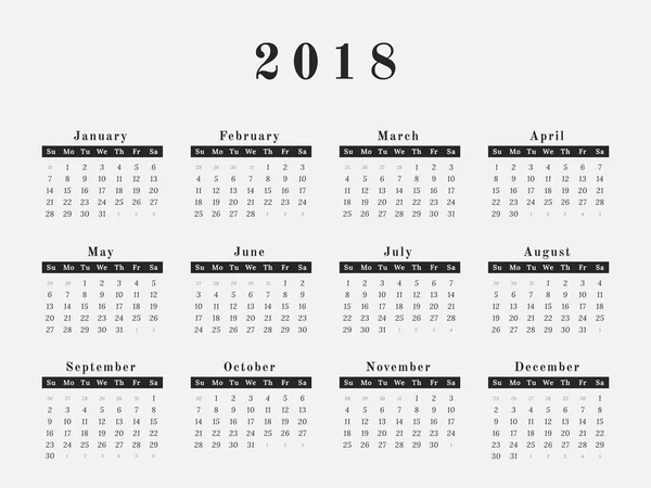 2018 Anno Calendario disegno orizzontale — Vettoriale Stock