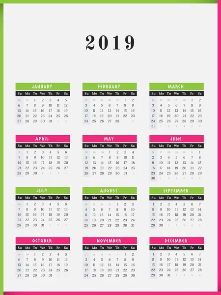 Projeto vertical do calendário do ano 2019 — Vetor de Stock