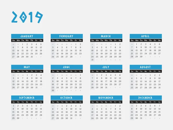 Οριζόντια σχεδιασμού Ημερολόγιο έτους 2019 — Διανυσματικό Αρχείο
