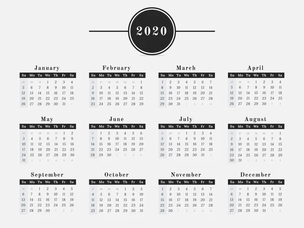 2020 jaarkalender horizontale ontwerp — Stockvector