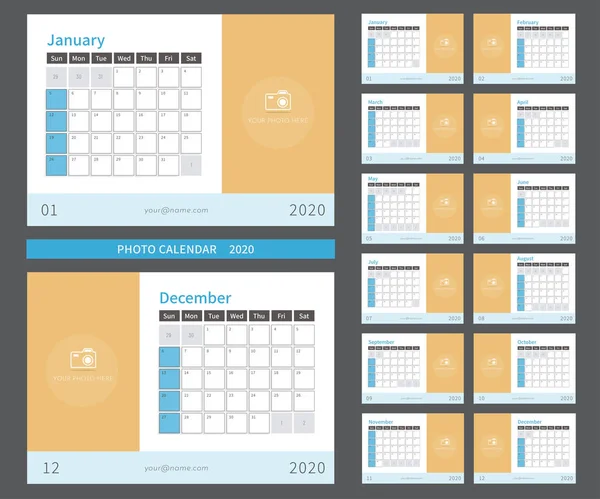 Calendario Fotográfico 2020 listo para imprimir — Vector de stock