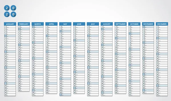 Calendário do ano 2020 —  Vetores de Stock