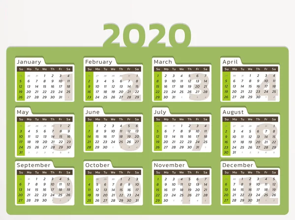 Ημερολόγιο γραφείου για το έτος 2020 σε πράσινο σχεδιασμό — Διανυσματικό Αρχείο