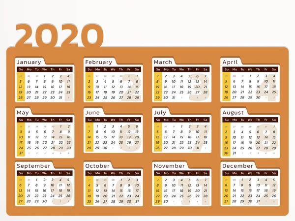 Ημερολόγιο γραφείου για το έτος 2020 σε πορτοκαλί σχεδιασμό — Διανυσματικό Αρχείο