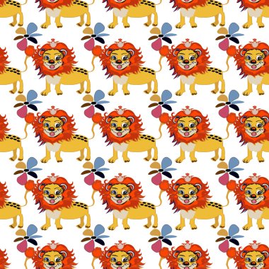 Vahşi sevimli aslan vektör modern arka plan ile sevimli çiçek seamless modeli.