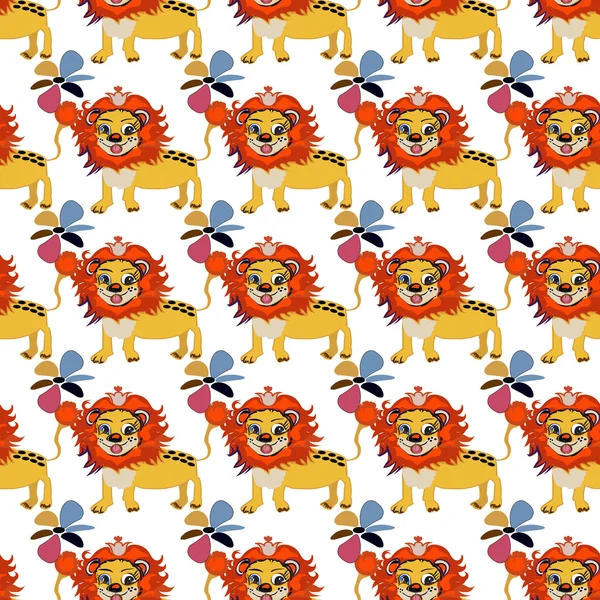 Cute floral seamless pattern with wild cute lion Vector modern background. — Stock vektor