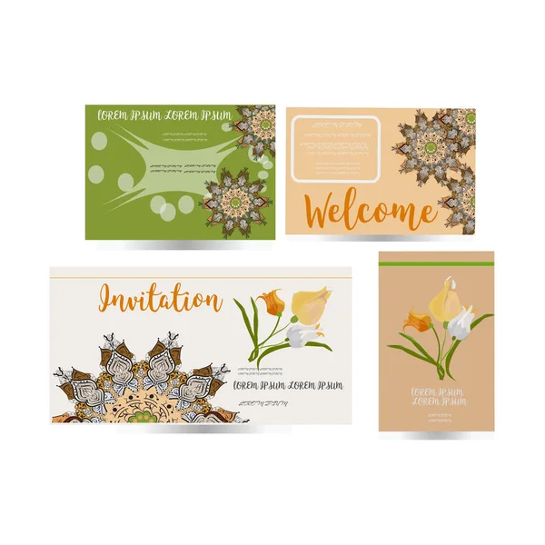 Conjunto vectorial de tarjetas de invitación con elementos de flores de primavera y mandala. Colección de tarjetas postales — Vector de stock