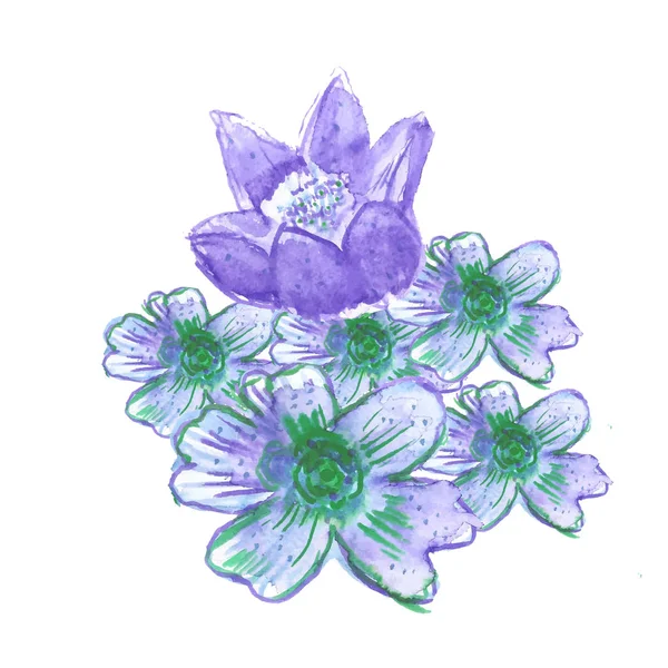 Violett våren blomma akvarell stil. Handritad — Stockfoto