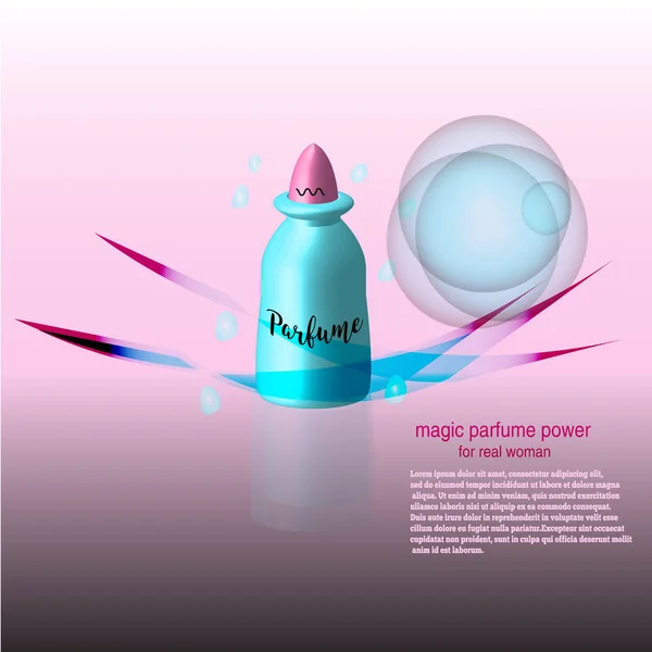 Modèle d'annonces cosmétiques, bouteille cosmétique réaliste. Parfum de dame bleue rose. Illustration 3D . — Image vectorielle