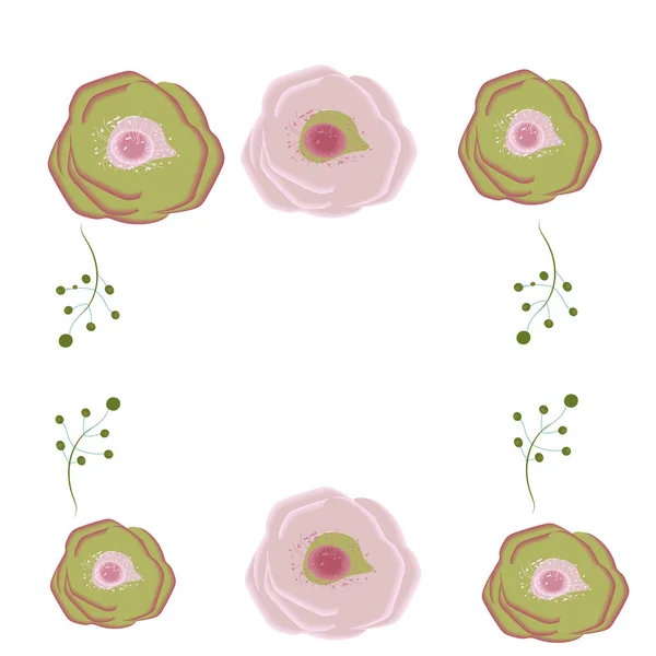 Διακοσμητικό Πλαίσιο Τριαντάφυλλα Ροζ Και Πράσινα Λουλούδια Για Φωτογραφία Άλμπουμ — Διανυσματικό Αρχείο