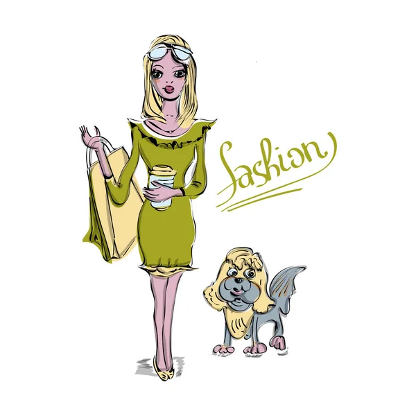 Affiche Met Trendy Meisje Met Schattige Hond Schetsstijl Tekst Vectorverzameling — Stockvector