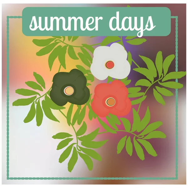 Fondo de verano con hojas de palmera, flores y fondo colorido borroso — Vector de stock