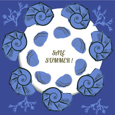 Yaz el çekilmiş şablonu el ile boyalı deniz kabuğu, deniz mercan, daire çerçeve mavi okyanus renkler üzerinde yapılan vektör. Tasarım çelenk